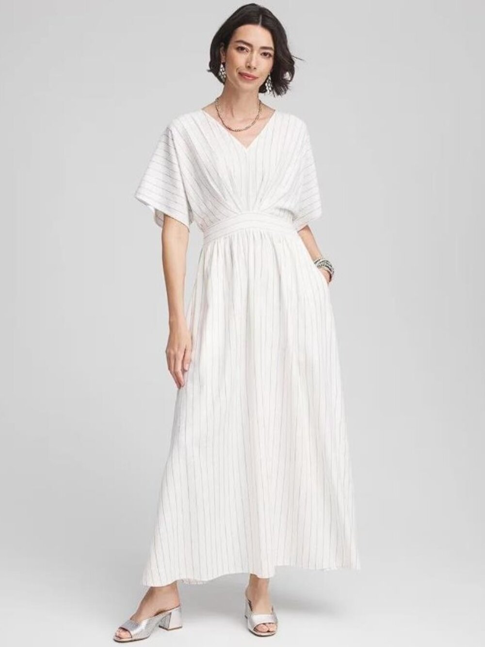 CHICO'S Women's Metallic Striped Maxi Dress Size 2 In Ecru